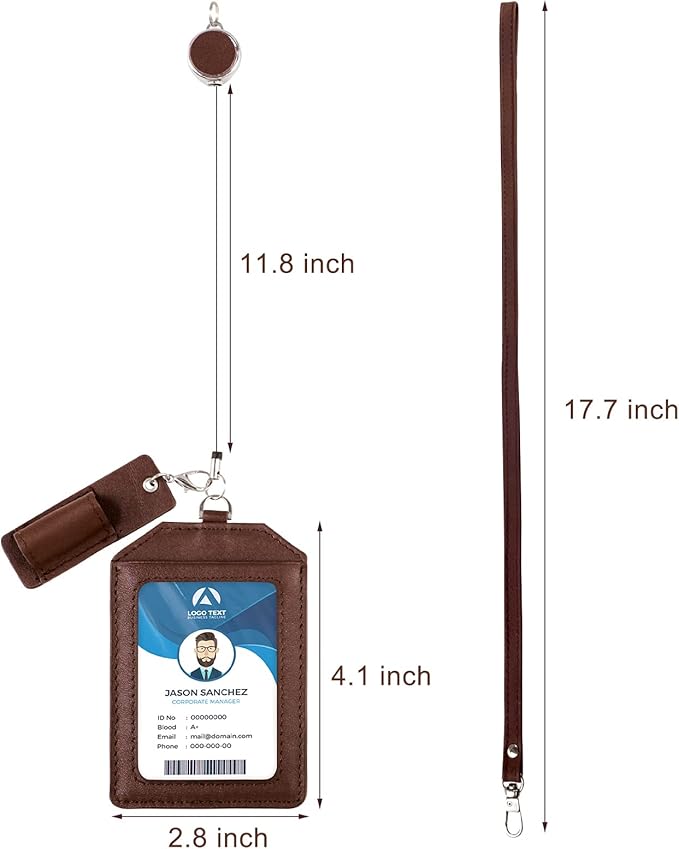 Office Badge Holder - Boshiho Genuine Leather Credit ID Card Holder with Stretch Neck Lanyard Vertical Style (Brown)