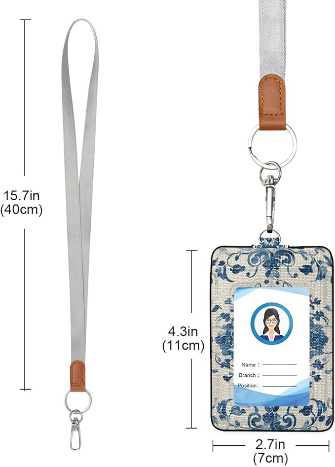 Badge Holder, Chinoiserie Style Blue White PU Leather School College Business ID Badge Card Holder Wallet Case with 1 Clear Window, 2 Credit Card Slots and Detachable Neck Lanyard - Vertical