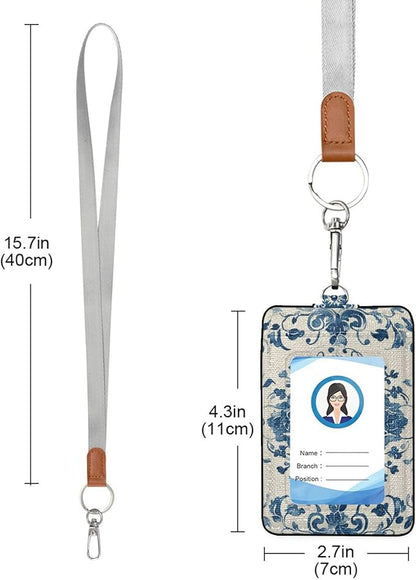 Badge Holder, Chinoiserie Style Blue White PU Leather School College Business ID Badge Card Holder Wallet Case with 1 Clear Window, 2 Credit Card Slots and Detachable Neck Lanyard - Vertical