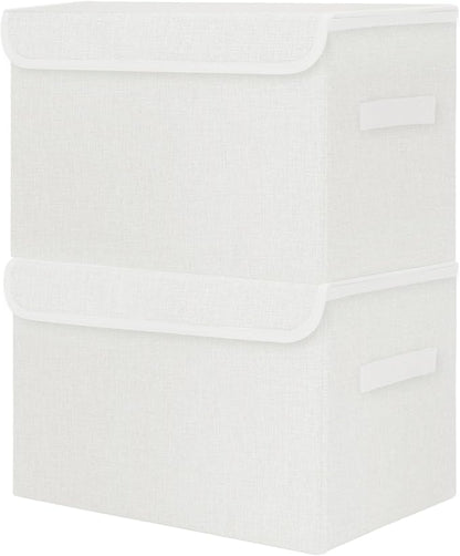 Bagnizer Large 42 Quarts Fabric Storage Bins with Lids [2-Pack] Linen Collapsible Foldable Storage Cubes, Closet Organizer Containers boxes with Handles for Home Office (16.7 x 12 x 12, White)