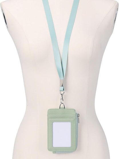 Badge Holder-Genuine Leather ID Badge Holder with Zipper Pocket and Nylon Lanyard – Perfect for Badges, Cards, and More