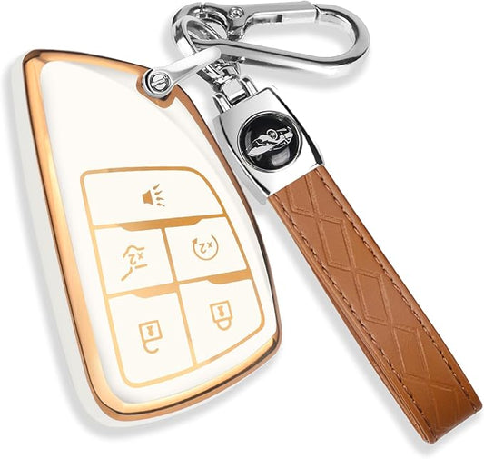 QBUC for Chevy Key Fob Cover with Keychain Soft TPU Protection Case Compatible with 2021-2026 Chevy Tahoe Suburban Equinox Blazer GMC Yukon Denali Silverado 5-Buttons(Gold Trim Ivory)