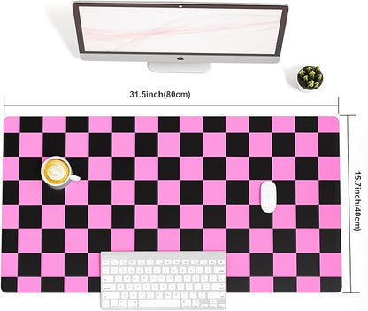 Colorful Star Large Black and Pink Mouse Pad, Plaid Waterproof Office Desk Mat, Non-Slip Gaming Mouse Pad, XXL PC Laptop Protector Pads, PU Leather Desk Writing Pads for Office Home, 31.5" x 15.7"