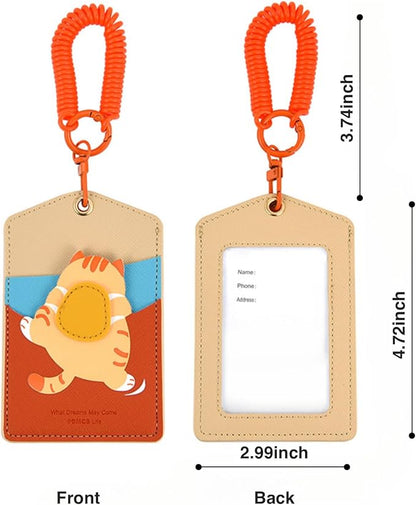 ID Badge Holder with Keychain, 3 Card Slots Cartoon Animal Cute Badge Holder for Professionals, Teacher, Nurse Officer and Students Women Girls Boys (Cat)