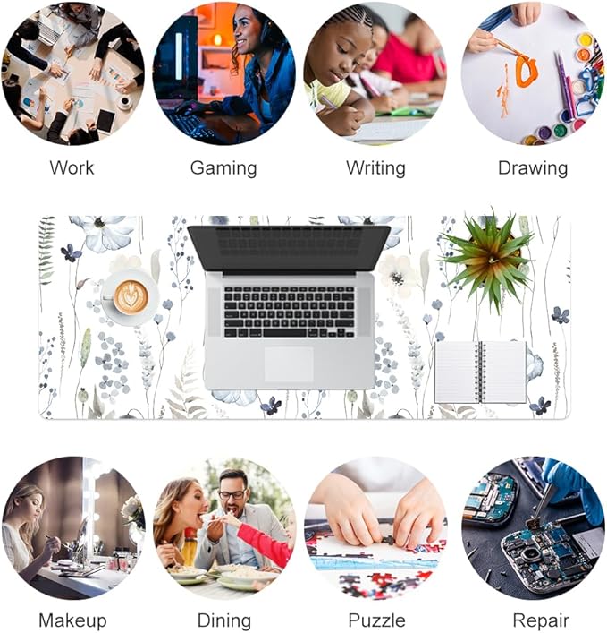 QiyI Large Mouse Pad for Desk, Floral Desk Mat for Desktop, Women Girls Office Décor Desk Accessories, PU Leather Waterproof Gaming Mousepad, Watercolor Flowers Desk Pad Computer Mat, 31.5" x 11.8"