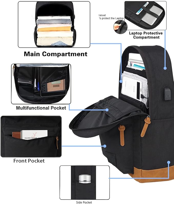 Laptop Backpack with Leather Decoration, USB Charging Port, Classic Backpack for College, Work, Travel(18 Inches/Grey