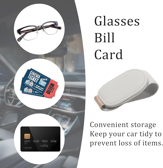 Car Sunglass Holder, Magnetic Leather Vehicle Sun Visor Eyeglass Hanger Clip, Automotive Interior Sunglass Ticket Card Organizer Mount Accessories, Universal for Most Cars (White)