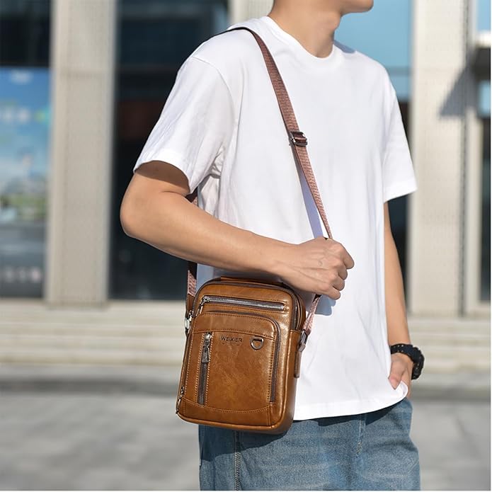 Messenger Bag for Men Crossbody Shoulder Purse Small Vintage PU Leather Satchel Pouch Side Crossover Handbag