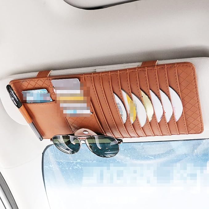 Multi-Functional Sun Visor Organizer Bag for Car Premium Leather Cd Holder with Storage for Pens Cards and Booklets Stylish Convenient and Safe Accessory Brown