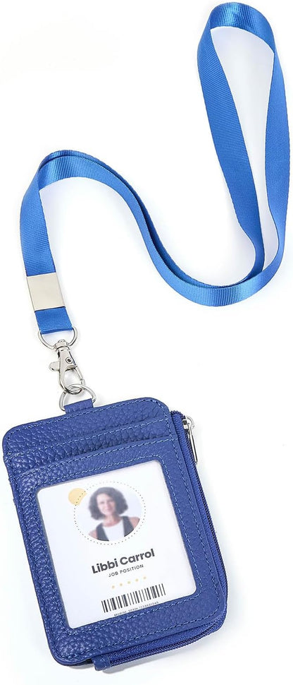 Badge Holder – Genuine Leather ID Badge Holder with Zipper Pocket and Nylon Lanyard – Perfect for Badges, Cards, and More