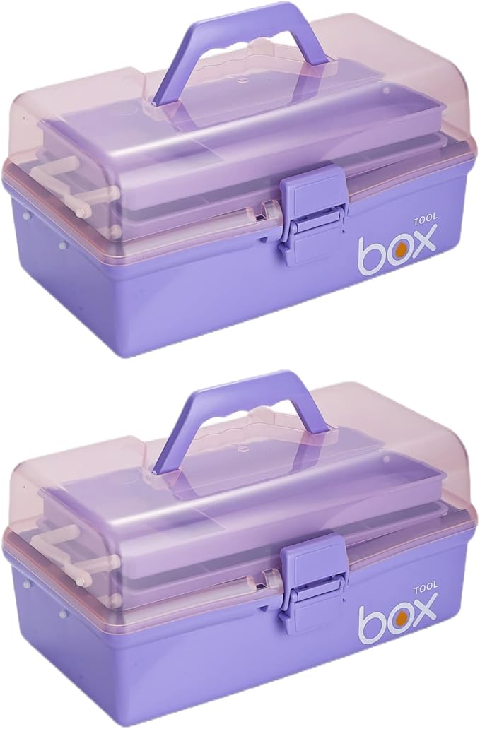 Kinsorcai 2PCS 12'' Three-Layer Clear Plastic Storage Box/Tool Box, Multipurpose Organizer and Portable Handled Storage Case for Art Craft and Cosmetic (Purple)