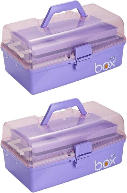 Kinsorcai 2PCS 12'' Three-Layer Clear Plastic Storage Box/Tool Box, Multipurpose Organizer and Portable Handled Storage Case for Art Craft and Cosmetic (Purple)