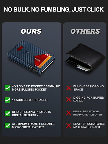 Wallet for Men, Slim Minimalist Wallet with Money Clip＆ID Window, RFID Blocking Pop-Up Credit Card Holder, Smart Auminum Mens Wallet Holds 9-13 Cards (Gift Box) (Blue Carbon Fiber)