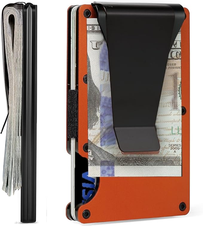 Minimalist Slim Wallet for Men,RFID Blocking Metal Wallet,Aluminum Credit Card Holder & Money Clip 12-15 Cards,Slim Rfid Front Pocket Mens Wallet,Matte Orange