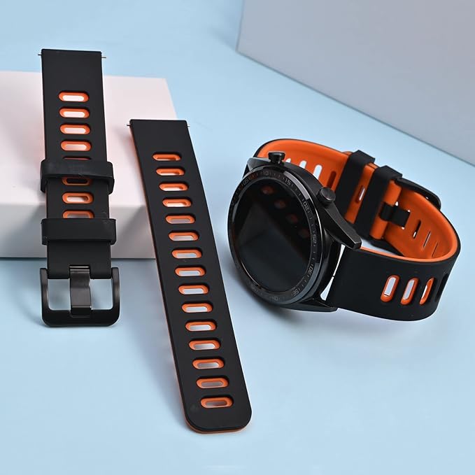WOCCI 20mm Bicolor Watch Band, Silicone Rubber, Quick Release Replacement Strap for Men and Women, Black Stainless Steel Buckle (Black-Orange)