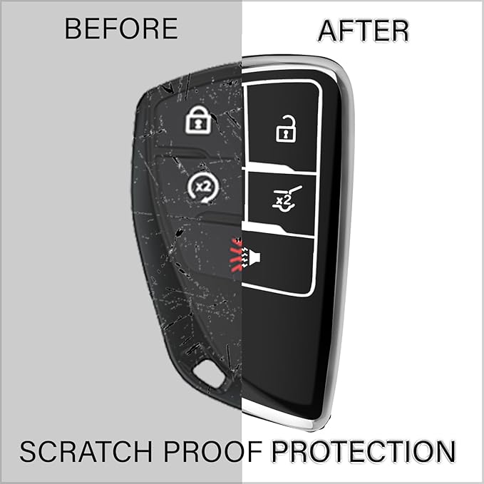 QBUC for Chevy Key Fob Cover with Keychain Soft TPU Protection Case Compatible with 2021-2026 Chevy Equinox Blazer Tahoe Suburban GMC Yukon Denali Silverado 5-Buttons(Chrome Trim Black)