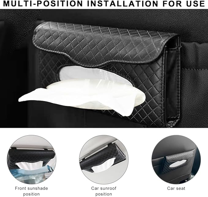 Car Tissue Holder, PU Leather Sun Visor Hanging Paper Napkin Dispenser with Tissue Refill, Backseat Mask Towel Case Visor Organizer with Magnetic Closure, Car Accessories (Black)