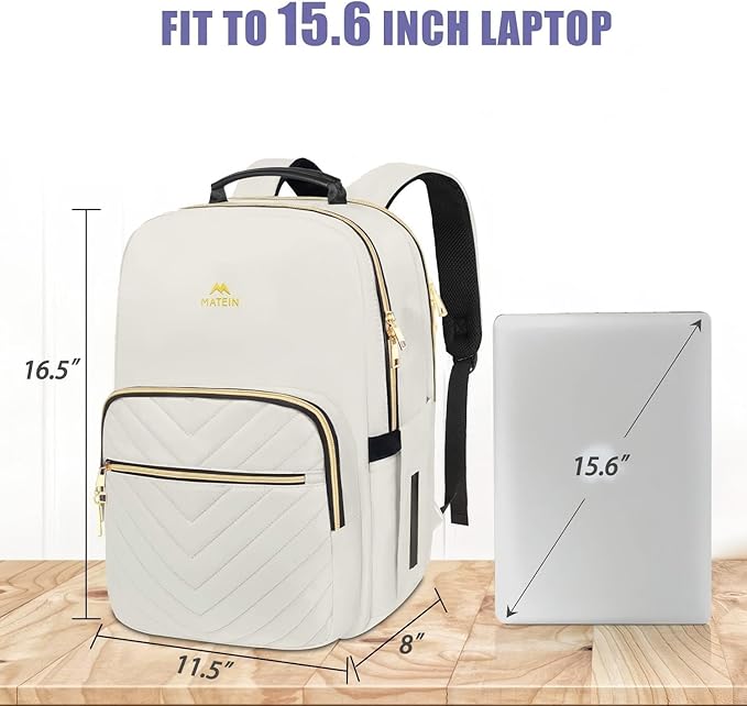 MATEIN Travel Laptop Backpack, Anti Theft Quilted Slim Backpacks for Women with Detachable Keychain Hook, Teacher Doctor Nurse Carry on Bags Purse Fits 15.6 Inch Notebook, White