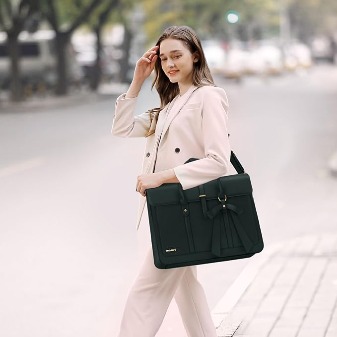 MOSISO Laptop Bag for Women, 15-15.6 inch PU Leather Laptop Shoulder Bags Convertible Backpack, 16 inch Messenger Bags Casual Handbag Work Briefcase Travel Computer Bag with Bowknot, Midnight Green