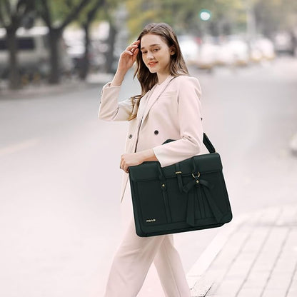 MOSISO Laptop Bag for Women, 15-15.6 inch PU Leather Laptop Shoulder Bags Convertible Backpack, 16 inch Messenger Bags Casual Handbag Work Briefcase Travel Computer Bag with Bowknot, Midnight Green