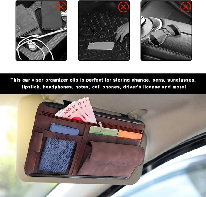 Car Sun Visor Organizer, Soft Leather Vehicle Sunshade Glasses Storage Bag with Net Zipper, Automotive Multi-Pocket Organizer for Drive License Card Glasses Document (Brown)