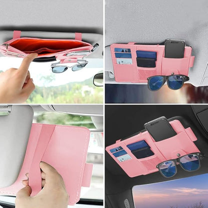 Car Sun Visor Organizer, 1 Pack Sunglasses Holder for Car Sun Visor, Auto Interior Accessories Pocket Organizers Can Store Sunglasses, Documents, Cards, Pen, Drivers License (Pink)