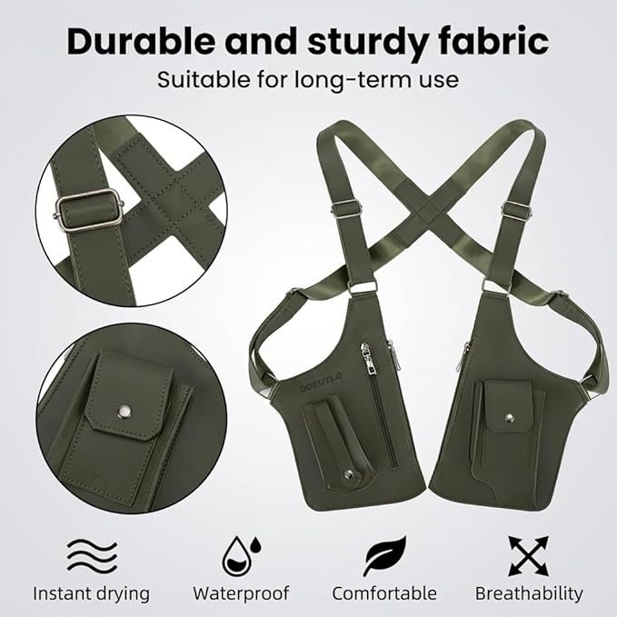 Leather Double Shoulder Armpit Bag for Men Underarm Concealed Rover The Holste Vest for Mens Adjustable Leather Bag (Army Green)