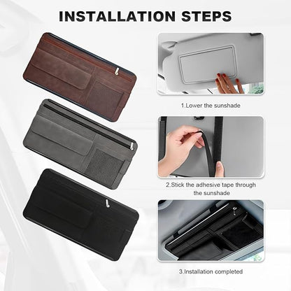 Sun Walker Car Sun Visor Organizer, Suede Leather Visor Storage Pouch Holder with Net Zipper, Multi-Pocket Vehicle Sunshade Organizer for Eyeglasses Card License Registration (Black)