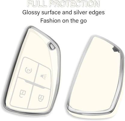 QBUC for Chevy Key Fob Cover with Keychain Soft TPU Protection Case Compatible with 2021-2026 Chevy Colorado Equinox Silverado GMC Canyon Sierra Terrain 4-Buttons(Chrome Trim White)