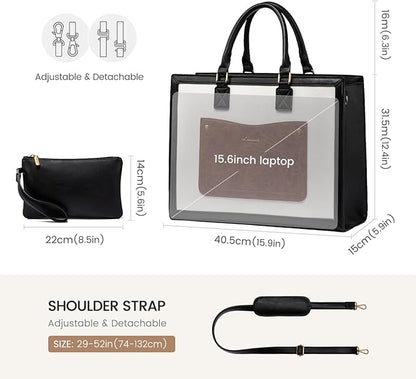 LOVEVOOK Laptop Tote Bag for Women, 15.6 Inch Work Bags, Vintage Leather Tote Bag, Waterproof Computer Bags with Clutch Purse, Large Capacity Messenger Bag for Teacher College Business Office