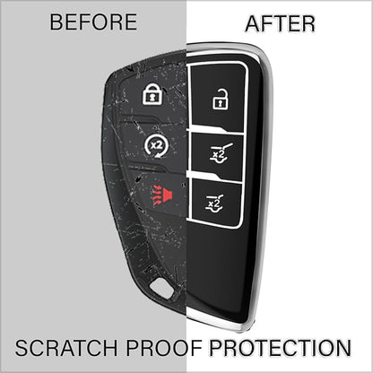 QBUC for Chevy Key Fob Cover with Keychain Soft TPU Protection Case Compatible with 2021-2026 Chevy Tahoe Suburban GMC Yukon Denali Silverado 6-Buttons(Chrome Trim Black)
