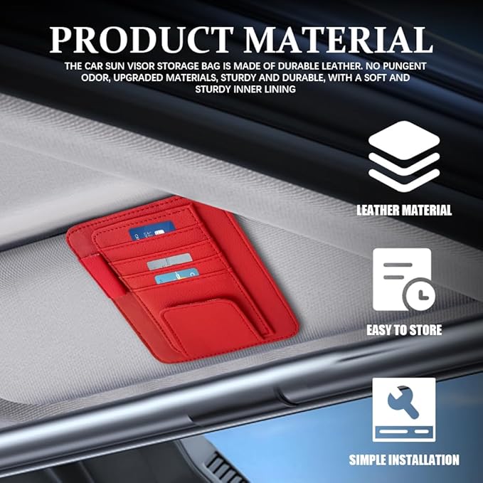 Small Leather Sun Visor Organizer, Visor Accessories, Multi-Pocket Sunvisor Storage with Sunglass Holder, Car Organizer for Drving License Card Pen Fits Most Vehicles (Red)