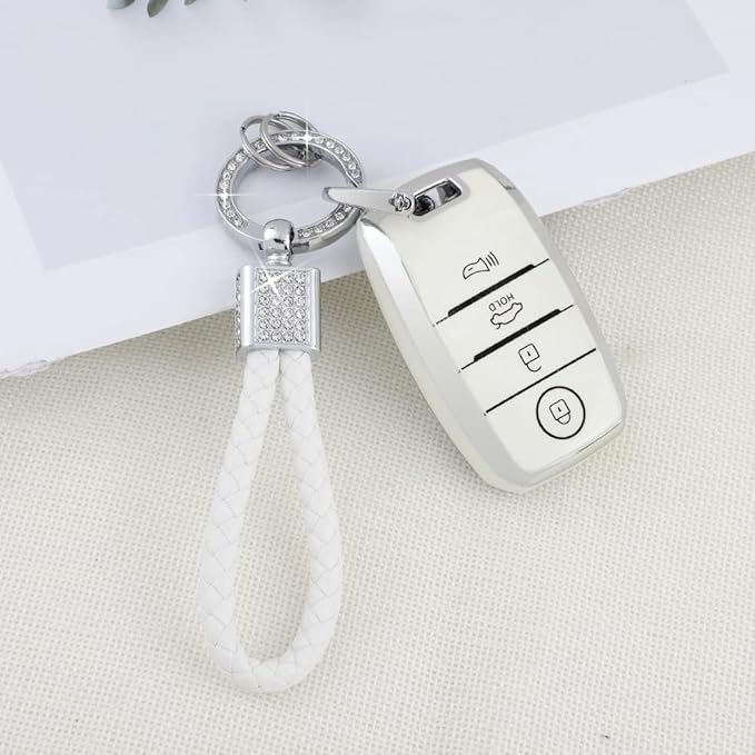 PIFOOG White Key Fob Cover for Kia Niro Forte Optima Sorento Rio Soul Sportage Accessories Soft TPU Car Keys Shells Cases 4 Button Full Covers Protector Keychain Girly Women