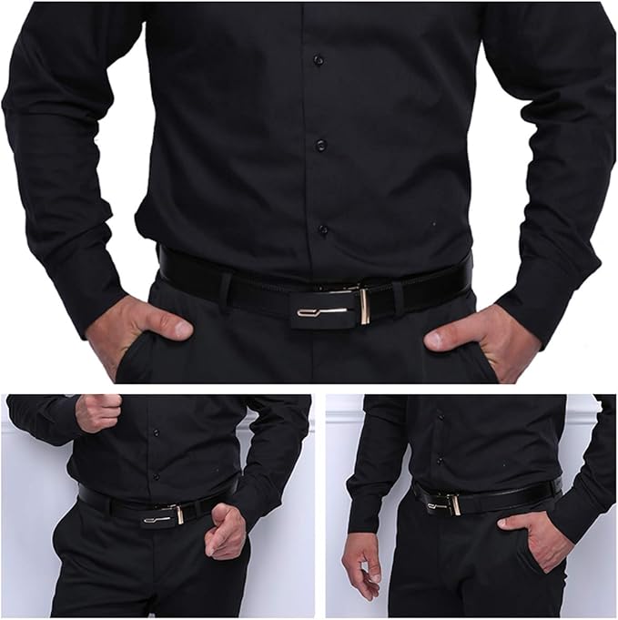 JINIU Men's Ratchet Belt Buckle, Black Genuine Leather Slide Belt for Men Dress Suit, Micro Adjustable Trim to Fit Boxed