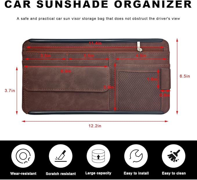 Car Sun Visor Organizer, Soft Leather Vehicle Sunshade Glasses Storage Bag with Net Zipper, Automotive Multi-Pocket Organizer for Drive License Card Glasses Document (Brown)