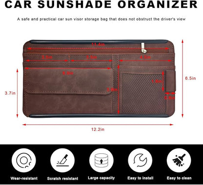 Car Sun Visor Organizer, Soft Leather Vehicle Sunshade Glasses Storage Bag with Net Zipper, Automotive Multi-Pocket Organizer for Drive License Card Glasses Document (Brown)