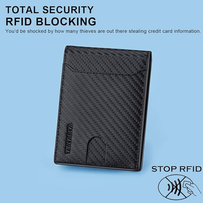 VANNANBA Minimalist Wallet for Men with Money Clip|ID Window|Large Capacity with 12 Card Slots|RFID Blocking,Carbon Fiber Front Pocket Credit Card Holder with Gift Box(Carbon Black)