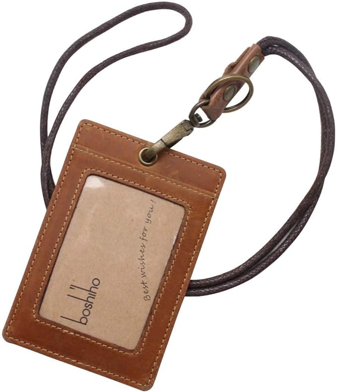 Boshiho Vertical Style Cowhide Leather ID Card Badge Holder with Heavy Duty Lanyard (Crazy Horse Leather)