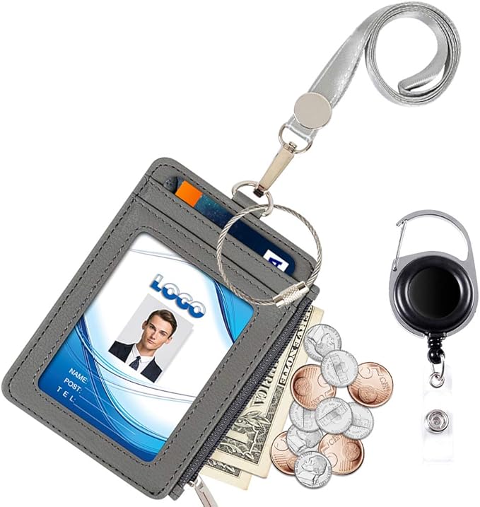 Badge Holder with Zipper, Life-Mate PU Leather ID Badge Card Holder Wallet Case with 5 Card Slots Zipper Pocket 19" Polyester Neck Lanyard Heavy Duty Metal Retractable Badge Reel (Gray)