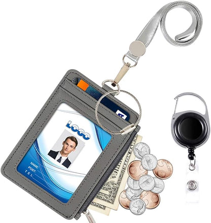 Badge Holder with Zipper, Life-Mate PU Leather ID Badge Card Holder Wallet Case with 5 Card Slots Zipper Pocket 19" Polyester Neck Lanyard Heavy Duty Metal Retractable Badge Reel (Gray)