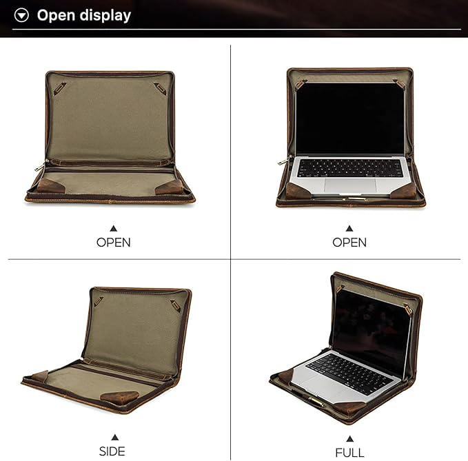 Top Grain Leather 13.3" Slim Laptop Zipper Folio Case, Retro Design Handmade & 2 Pockets, Compatible with MacBook Pro 13.3" MacBook Air M1/M2 ZENBOOK 13.3" & Other PC, Oil Coffee 13.3 Inch