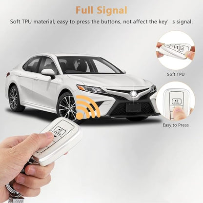 PIFOOG Key Fob Cover for Toyota Camry RAV4 Corolla C-HR Avalon Highlander Prius Smart Keys Case Shell Protector Bling Keychain Accessories 4 Button TPU Girly Women White Silver
