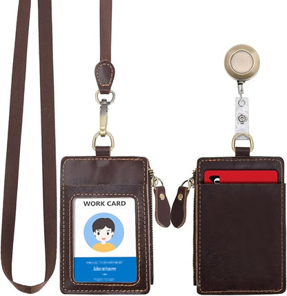 Wonderpool Leather ID Badge Holder with Zipper Wallet Pouch - Card Slots Case Detachable Neck Lanyard and Retractable Badge Reel for Office School Hospital Exhibition ID (Coffee)