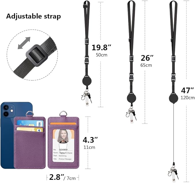 Leather Badge Holder and Adjustable Retractable Lanyards, Quick Release Buckle and Safety Breakaway Lanyards with Swivel Metal Clasp for Offices, Staff, Students, Employees