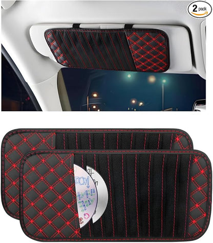 2PCS Car CD Visor Storage Cases, Sun Visor Organizer Disc Holder with 10 DVD Storage Sleeves, Vehicle Sunshade Anti-Scratch Leather CD Case Wallet for Car Truck SUV (Red)
