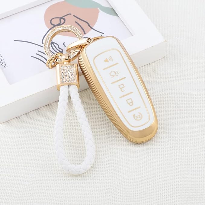 PIFOOG Key Fob Cover for Ford 5 Button Car Key Shell Case Glitter Keychain for Ford Edge Explorer Expedition Focus Taurus Escape C-Max Lincoln Smart Keys White Gold Girly Cute