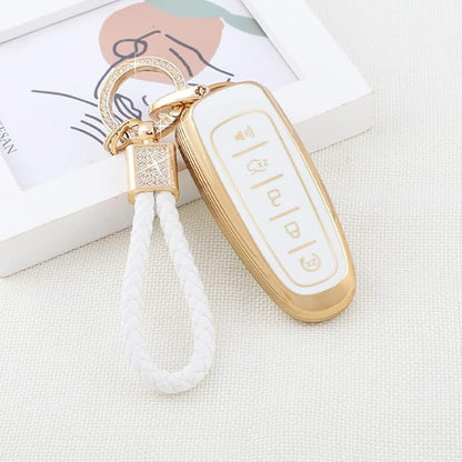 PIFOOG Key Fob Cover for Ford 5 Button Car Key Shell Case Glitter Keychain for Ford Edge Explorer Expedition Focus Taurus Escape C-Max Lincoln Smart Keys White Gold Girly Cute