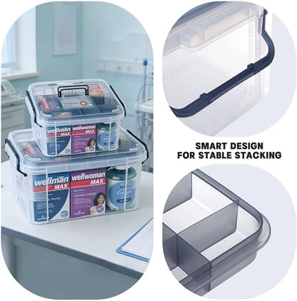 HEY FOLY 15qt Medicine Organizer Storage Box with Tray, Set of 2 Plastic First Aid Box Empty, Thickened Medicine Container Chest, Multipurpose Medical Case with Labels, Blue Medicine Caddy