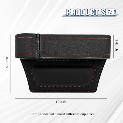 Car Seat Gap Filler Organizer with Cup Holder Expander, Leather Console Seam Filler Storage Box, Auto Front Seat Gap Organizer for Phones Keys Glasses, Universal Fit (Black/Red Driver)