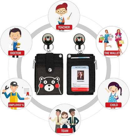 【2025 Latest】 Cute Badge Holder Retractable Lanyard Reel Clip with Heavy Duty Carabiner, 1 Clear ID Window, and 4 Card Slots in 2 Sided for Students Teens Boys Girls Women (01 Black Bear)